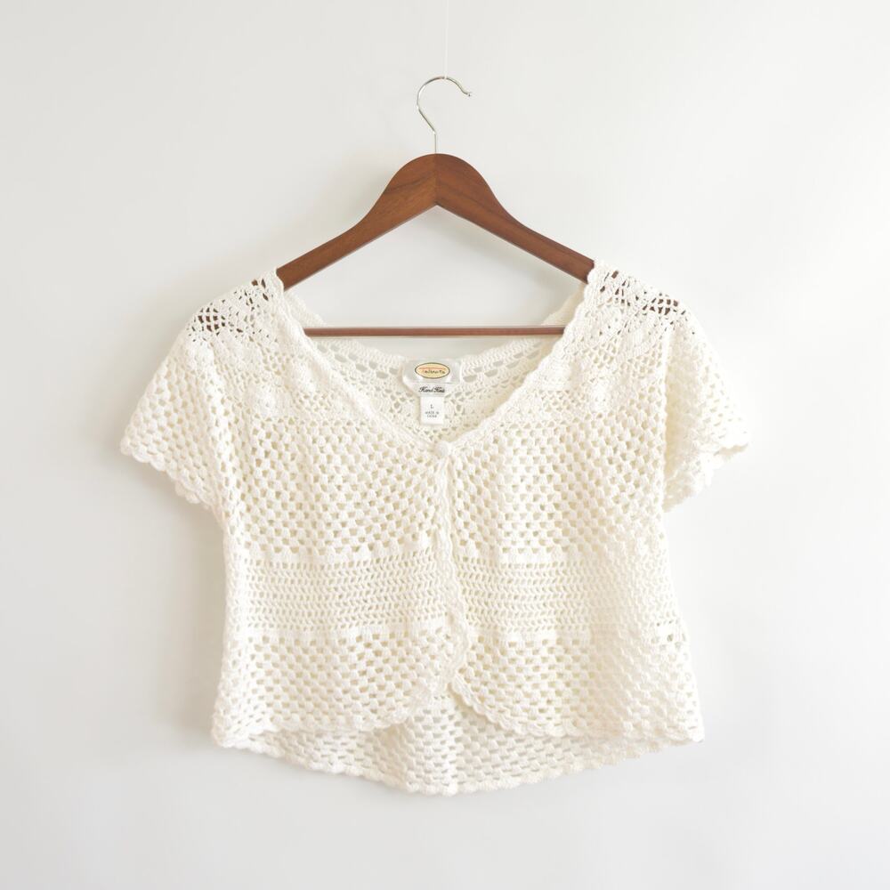 white cotton open knit cropped sweater